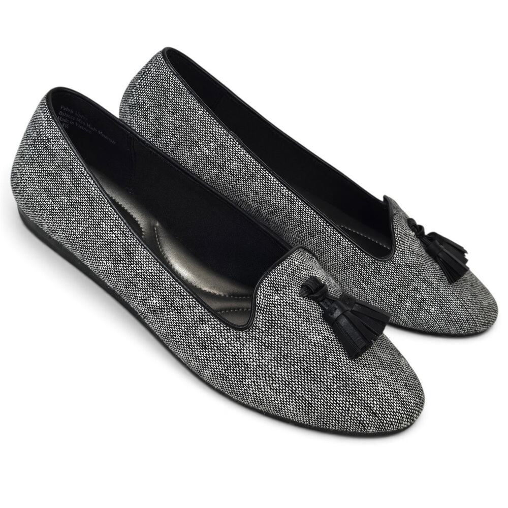 Coach & Four Black White Tweed Flats Tassel Loafers Oprah Size 8.5 Comfort Shoe